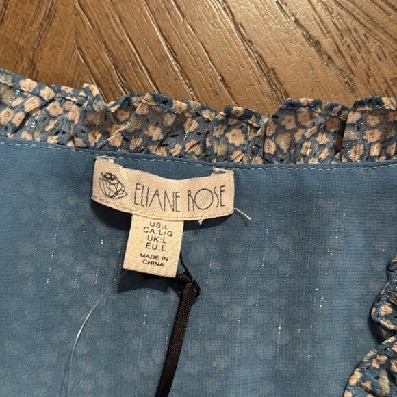 Eliane Rose Blue Floral Metallic Thread Ruffle Blouse NWT L Boho Cottagecore - Picture 5 of 8